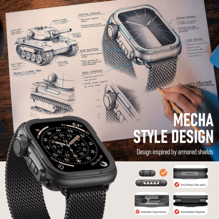 BXUXOHS Metal Case for Apple Watch Cover,Rugged Protective Bumper +Metal Crown +PC Back Cover,Military-Grade Armor Shield Shockproof Protector Case for iWatch 44/45/46/49 mm (Black) - Image 3